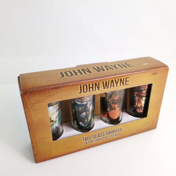John Wayne 4 Piece Laser Decal Tall Glass Shooter Set NEW in Box Barware Shot - Picture 3 of 7